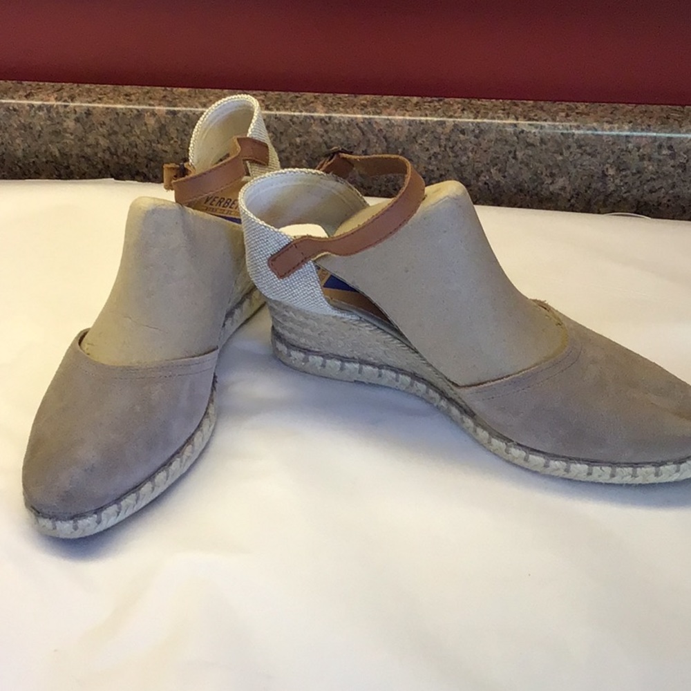 VERBENAS Made In Spain Suede Wedge Espadrilles 9 40 Stone